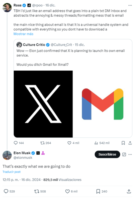 En este tweet, Elon Musk responde a un ingeniero de xAI confirmando sus intenciones de cara a X Mail | Imagen: Xataka